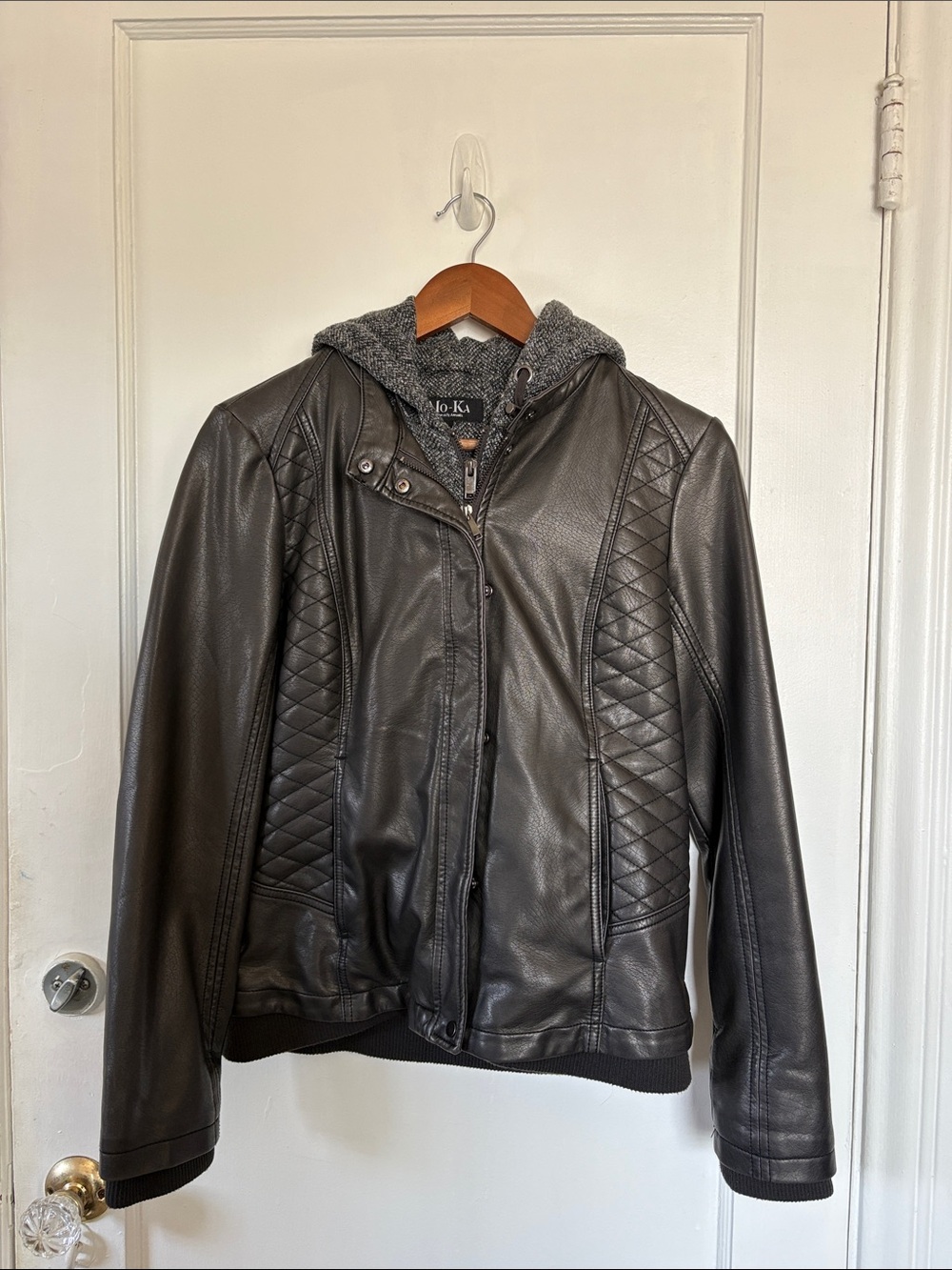 Faux Leather Moto Jacket w/ Knit Hood
